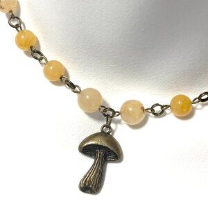 Genuine Yellow Aventurine Short Necklace,Bronze Slim Mushroom + Natural Gemstone